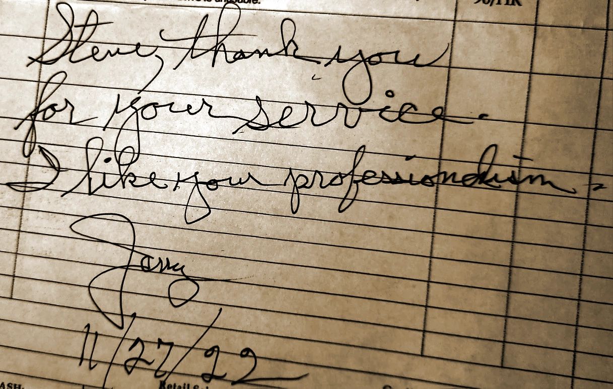 Wonderful hand-written note from Jerry thanking Steve Underwood for service and professionalism.