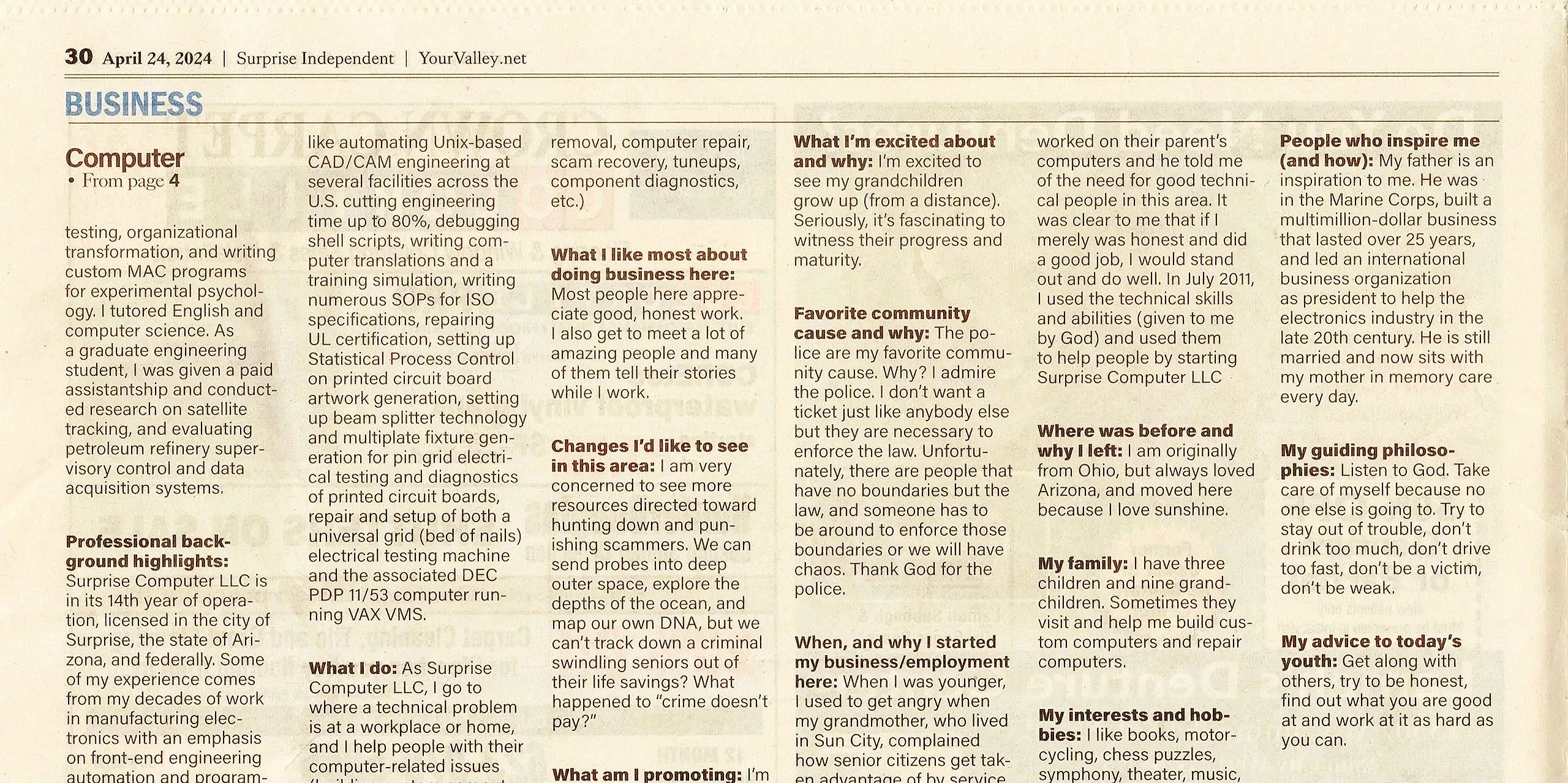 continuation of newspaper article in the Surprise Independent, April 24, 2024, page 30.