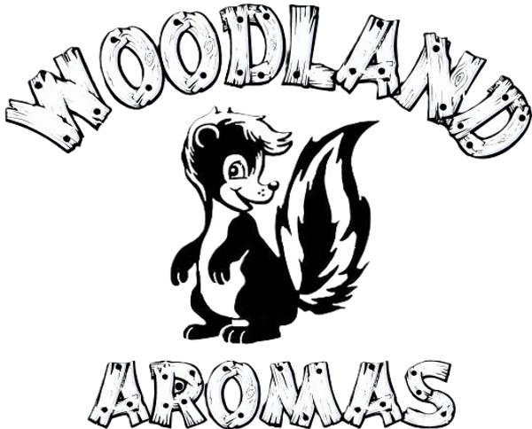 Black-and-white logo of a skunk with text Woodland Aromas.