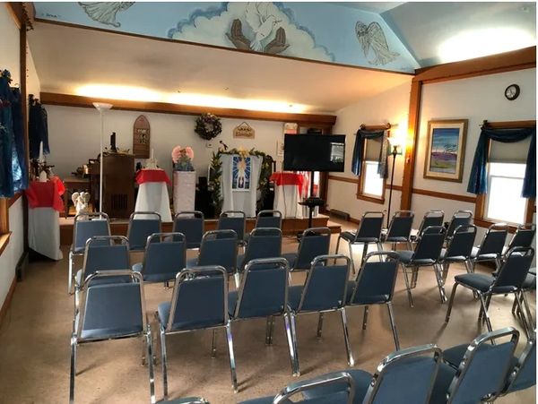 Inside the First Spiritualist Church of Onset, set up for Sunday Service 6:30 pm- 8 pm