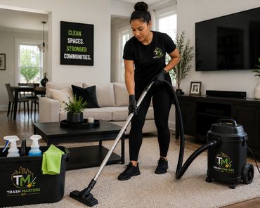 Trash Masters NY residential cleaning professional vacuuming and sanitizing a modern living room ins