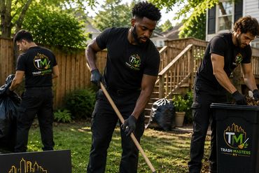 Trash Masters NY team performing backyard cleanup and outdoor property maintenance services at a res