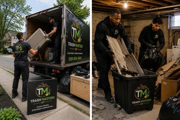 Trash Masters NY team performing junk removal and construction cleanup services, removing debris and