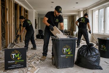 Trash Masters NY team performing post-construction cleanup and debris removal inside a residential r
