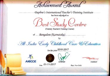 Award received by Daphne Paulose of DAPHNE'S INTERNATIONAL TEACHERS' TRAINING INSTITUTE