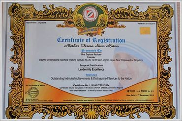 Award received by Daphne Paulose of DAPHNE'S INTERNATIONAL TEACHERS' TRAINING INSTITUTE