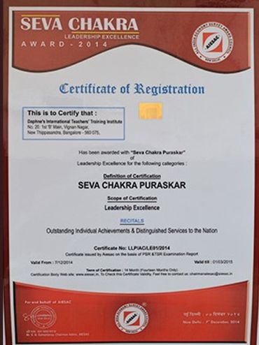 Award received by Daphne Paulose of DAPHNE'S INTERNATIONAL TEACHERS' TRAINING INSTITUTE