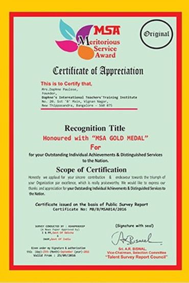 Award received by Daphne Paulose of DAPHNE'S INTERNATIONAL TEACHERS' TRAINING INSTITUTE