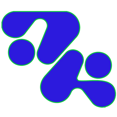 Blue abstract shapes with green outlines forming a symmetrical pattern.