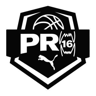 Black and white sports logo featuring a basketball, puma, and text PR with number 16.
