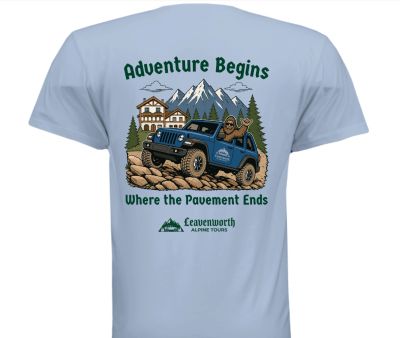 Ambassador T-shirt featuring "Adventure Begins Where the Pavement Ends" design with a Jeep and Sasquatch illustration, from Leavenworth Alpine Tours.
