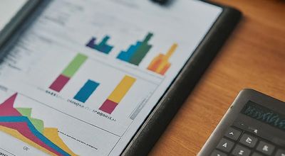 Financial charts and calculator on a wooden desk, analyzing data.