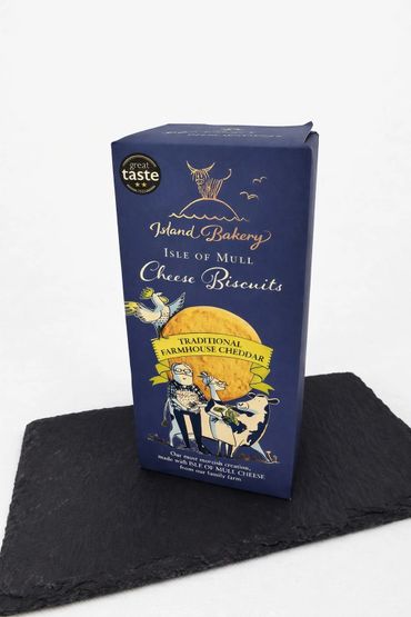 Box of Isle of Mull Cheese Biscuits with traditional farmhouse cheddar flavor.