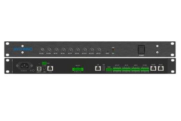 Front and rear views of a black network audio processor.