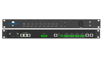 Front and back view of a black audio-visual interface device.