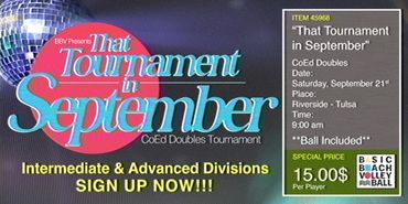 Advertisement for a coed doubles volleyball tournament in September with $15 entry.