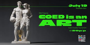 Marble statues of volleyball players with a trophy for a coed doubles tournament on July 19.