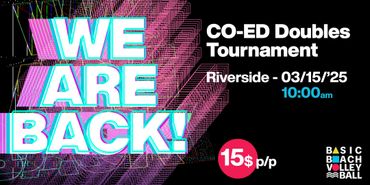 Announcement for co-ed doubles volleyball tournament on 03/15/25 at 10:00 am in Riverside.