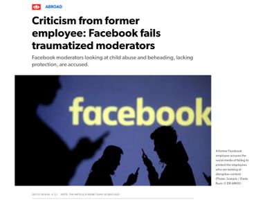Kritik fra tidligere ansat: Facebook svigter traumatiserede moderatorer https://www.dr.dk/nyheder/udland/kritik-fra-tidligere-ansat-facebook-svigter-traumatiserede-moderatorer