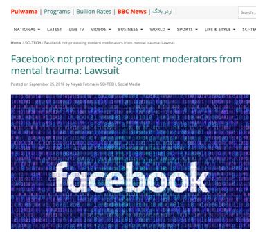 Facebook not protecting content moderators from mental trauma lawsuit http://www.aaj.tv/2018/09/facebook-not-protecting-content-moderators-from-mental-trauma-lawsuit/