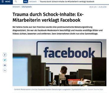 Trauma durch Schock-Inhalte: Ex-Mitarbeiterin verklagt Facebook https://www.ejz.de/blick-in-die-welt/trauma-durch-schock-inhalte-ex-mitarbeiterin-verklagt-facebook_246_111594176-122-.html