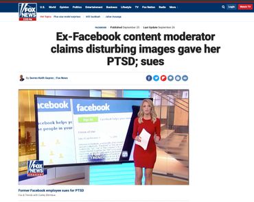 Ex-Facebook content moderator claims disturbing images gave her PTSD; sues https://www.foxnews.com/tech/ex-facebook-content-moderator-claims-disturbing-images-gave-her-ptsd-sues