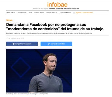 Demandan a Facebook por no proteger a sus "moderadores de contenidos" del trauma de su trabajo https://www.infobae.com/america/tecno/2018/09/27/demandan-a-facebook-por-no-proteger-a-sus-moderadores-de-contenidos-del-trauma-de-su-trabajo/