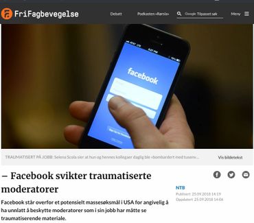 Facebook svikter traumatiserte moderatorer
https://frifagbevegelse.no/forside/-facebook-svikter-traumatiserte-moderatorer-6.158.580373.5f05042cfd
