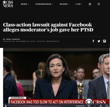 Class-action lawsuit against Facebook alleges moderator's job gave her PTSD https://www.cbsnews.com/news/class-action-lawsuit-against-facebook-alleges-moderators-job-gave-her-ptsd/