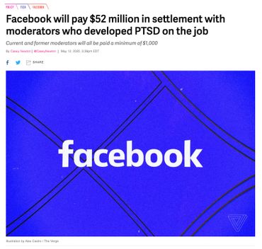 Facebook to pay $52 million settlement with moderators who developed PTSD on the job By Casey Newton