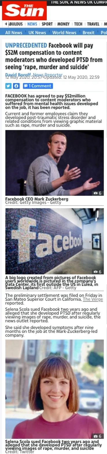 UNPRECEDENTED Facebook $52M compensation content moderators PTSD seeing ‘rape, murder and suicide’