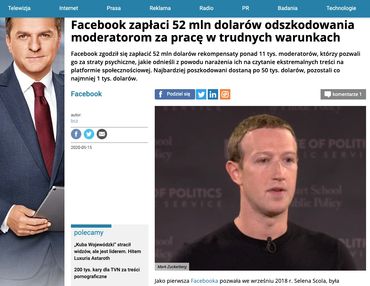Facebook zapłaci 52 mln dolarów odszkodowania moderatorom za pracę w trudnych warunkach
