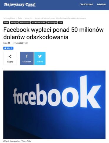 Facebook wypłaci ponad 50 milionów dolarów odszkodowania