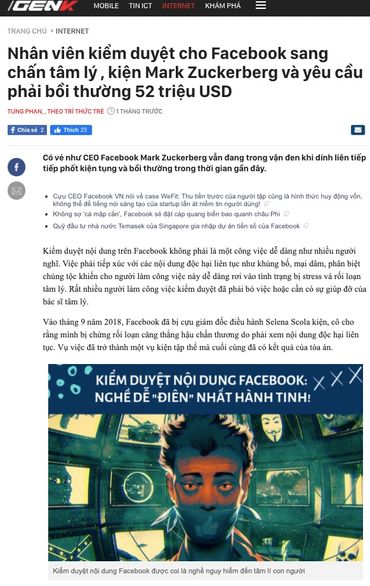 Nhân viên kiểm duyệt cho Facebook sang chấn tâm lý , kiện  và yêu cầu phải bồi thường 52 triệu USD