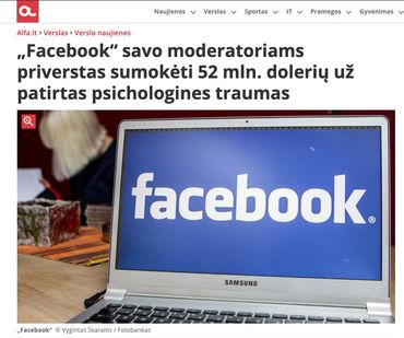 „Facebook“ savo moderatoriams priverstas sumokėti 52 mln. dolerių už patirtas psichologines traumas