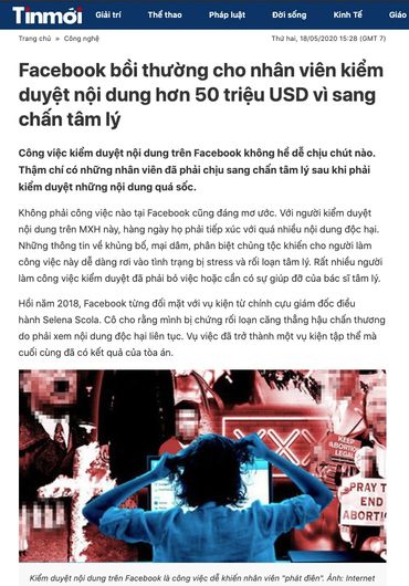 Facebook bồi thường cho nhân viên kiểm duyệt nội dung hơn 50 triệu USD vì sang chấn tâm lý