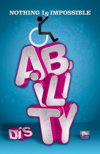 Small Dis and s tower with a person in a wheelchair on top of the word Ability shadowed in pink