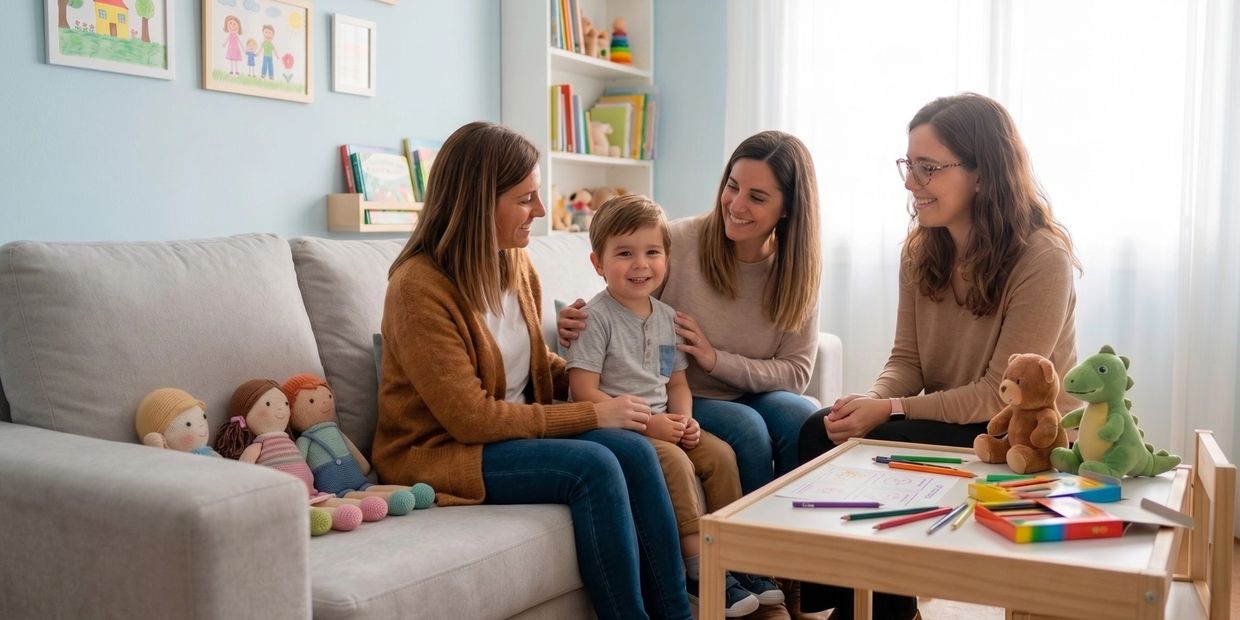 Three women and a child sitting on a couch in a cozy playroom with toys and drawings.