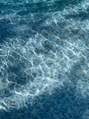 Sunlight dances on the blue hexagonal tiles of a pool's surface.