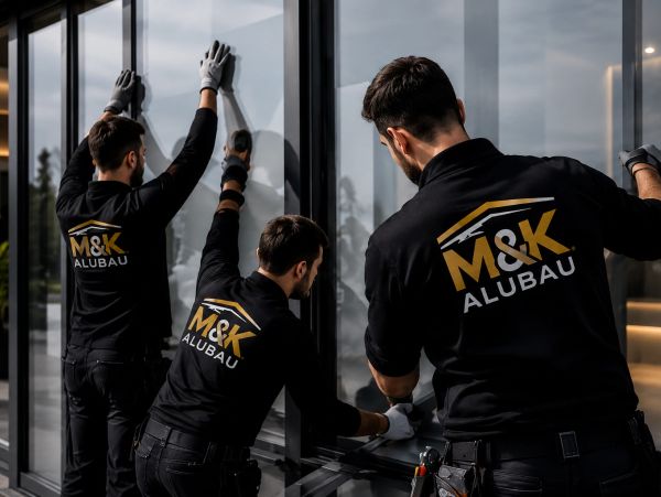 Three workers installing large glass panels wearing black M&K Alubau shirts.