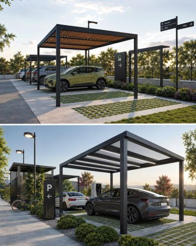 Modern electric car charging stations with sleek solar-paneled canopies.