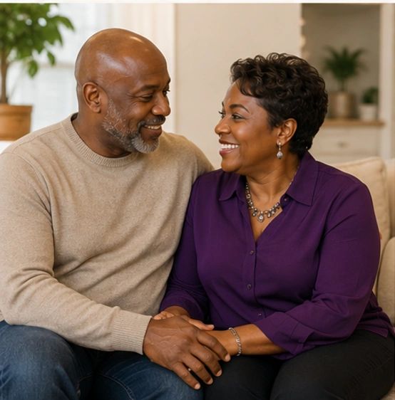 Couple smiling and holding hands on a couch.