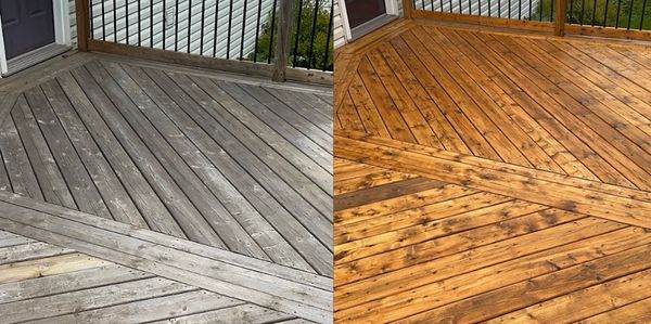 Wooden deck before and after cleaning and staining.