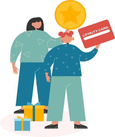 Two people celebrating rewards with a loyalty card and gifts.