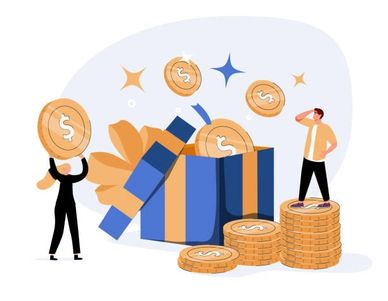 People receiving coins from a large gift box symbolizing monetary gifts or rewards.