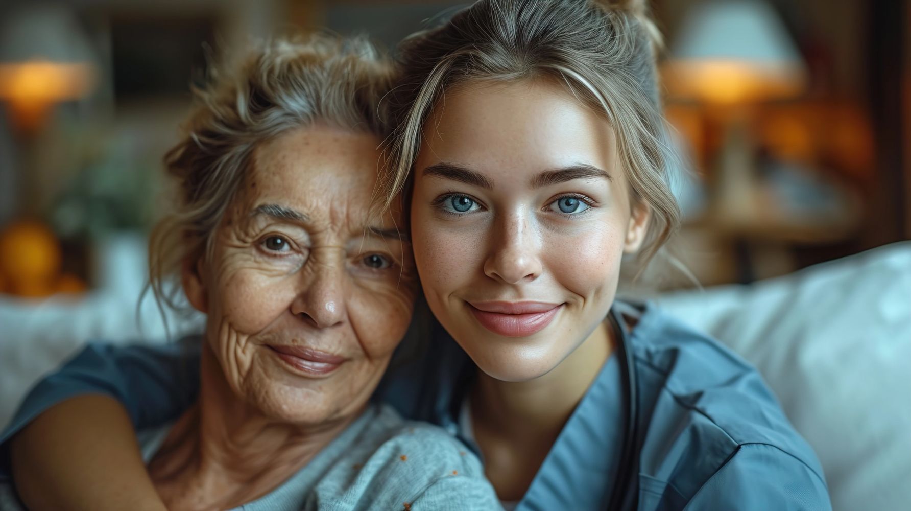Young nurse embraces elderly woman, both smiling warmly at the camera.