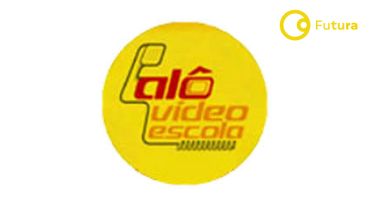Yellow circular logo with 'Alô video escola' text and a stylized phone icon.