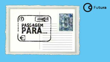 Postcard with "Passagem Para..." text and Futura logo on blue background.