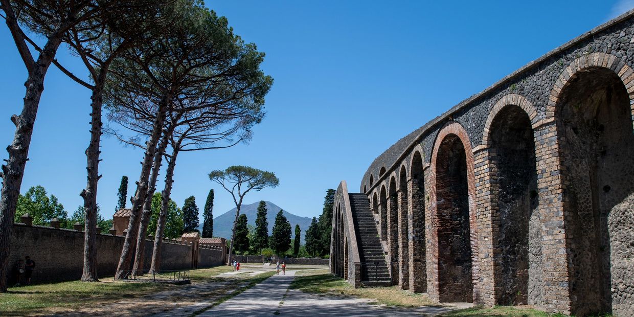 Ancient Roman ruins with arches and tall trees under a clear blue sky.