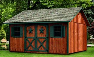 12x16 Manor, optional rustic cedar stain, green trim, manor doors w/stars, gable vents